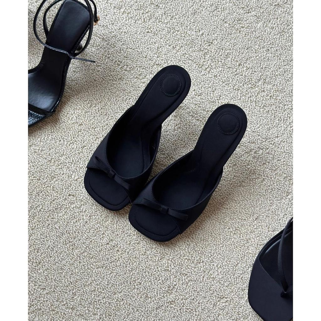 French Bow Open-toed High-heeled Sandals Women's 2025 Spring and Summer New Summer Wear Small Sandals One-word Slippers Half-drag