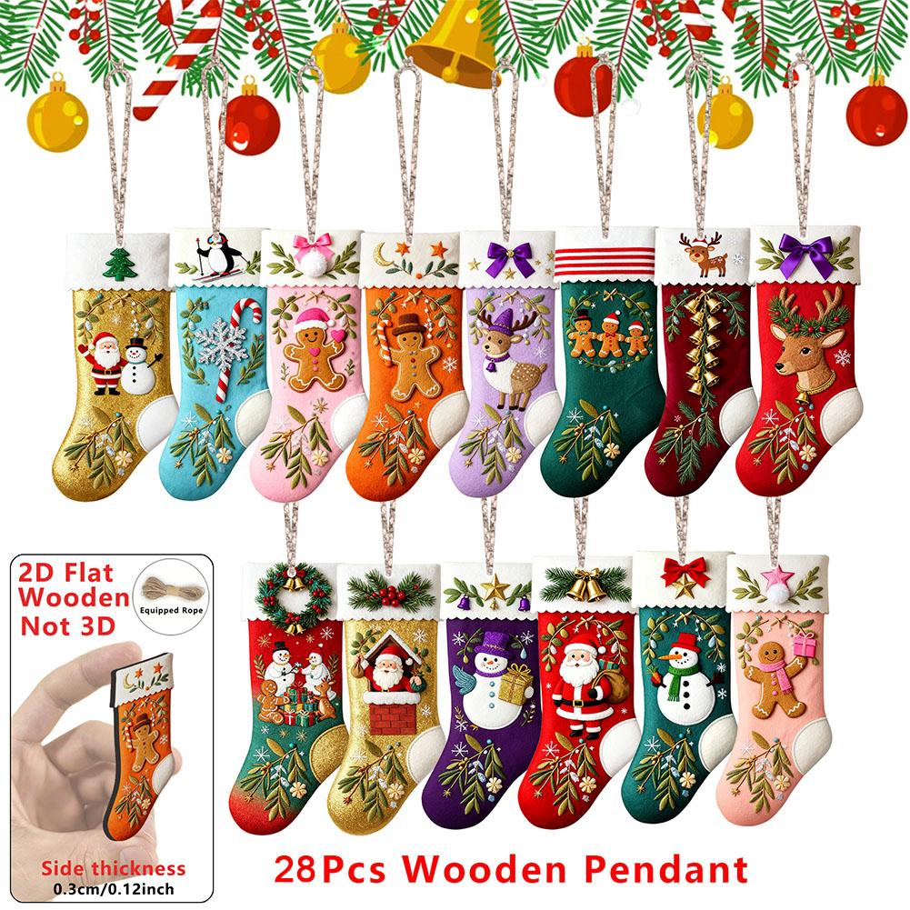 Wooden Christmas Stocking Ornaments 2D Flat Hanging Decorations With Rope, Xmas Tree Pendant For Home Party Holiday Decor Gifts