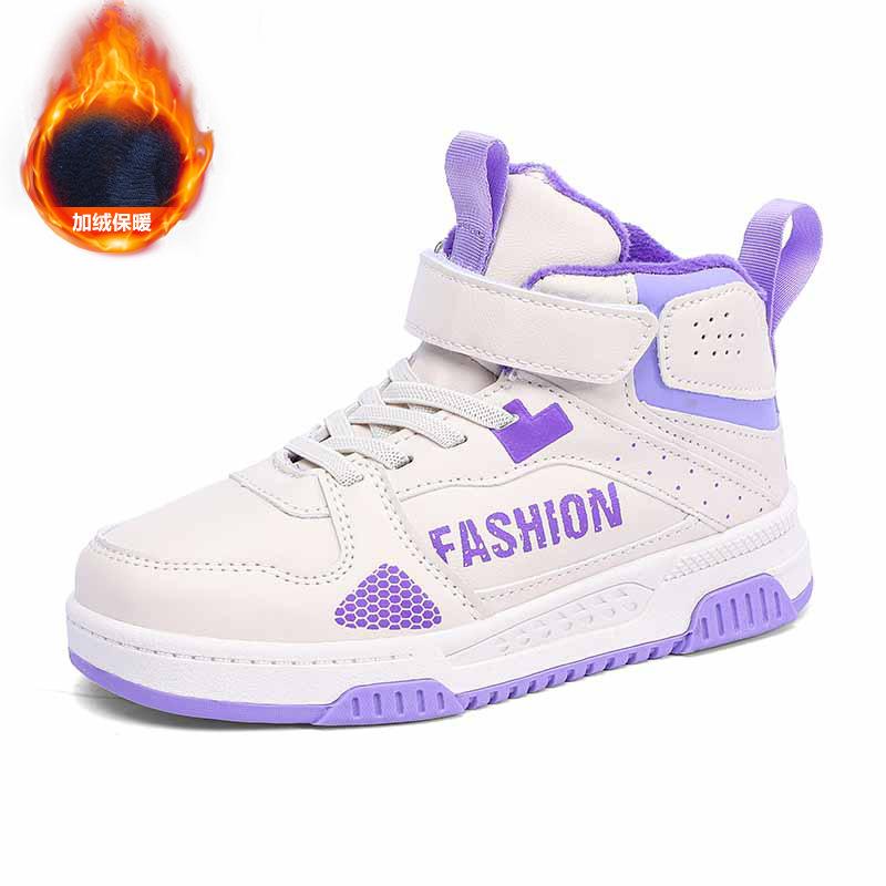 Warm Autumn and Winter Leather Sneakers Factory Classmates Children's Middle-top Cotton Shoes Direct Sales Middle-aged and Older Children's Hi