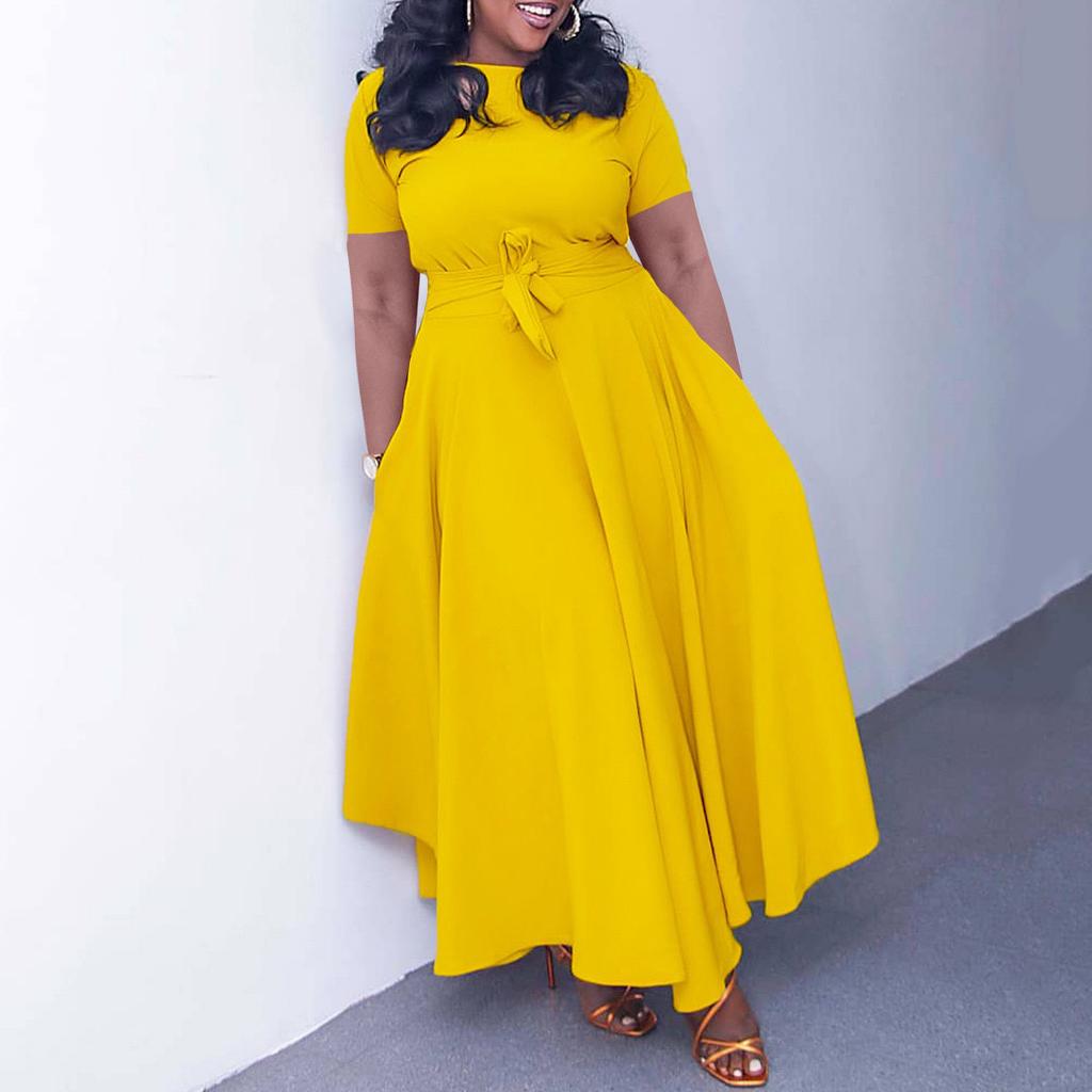 Elegant Women Dresses New Short Sleeve O Neck Sashes Pleated Ankle Length Luxury African Party Birthday Dress 5XL