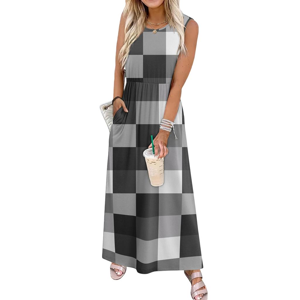 Ladies' Plaid Printed Casual and Fashionable Waist Cinched Sleeveless Dress