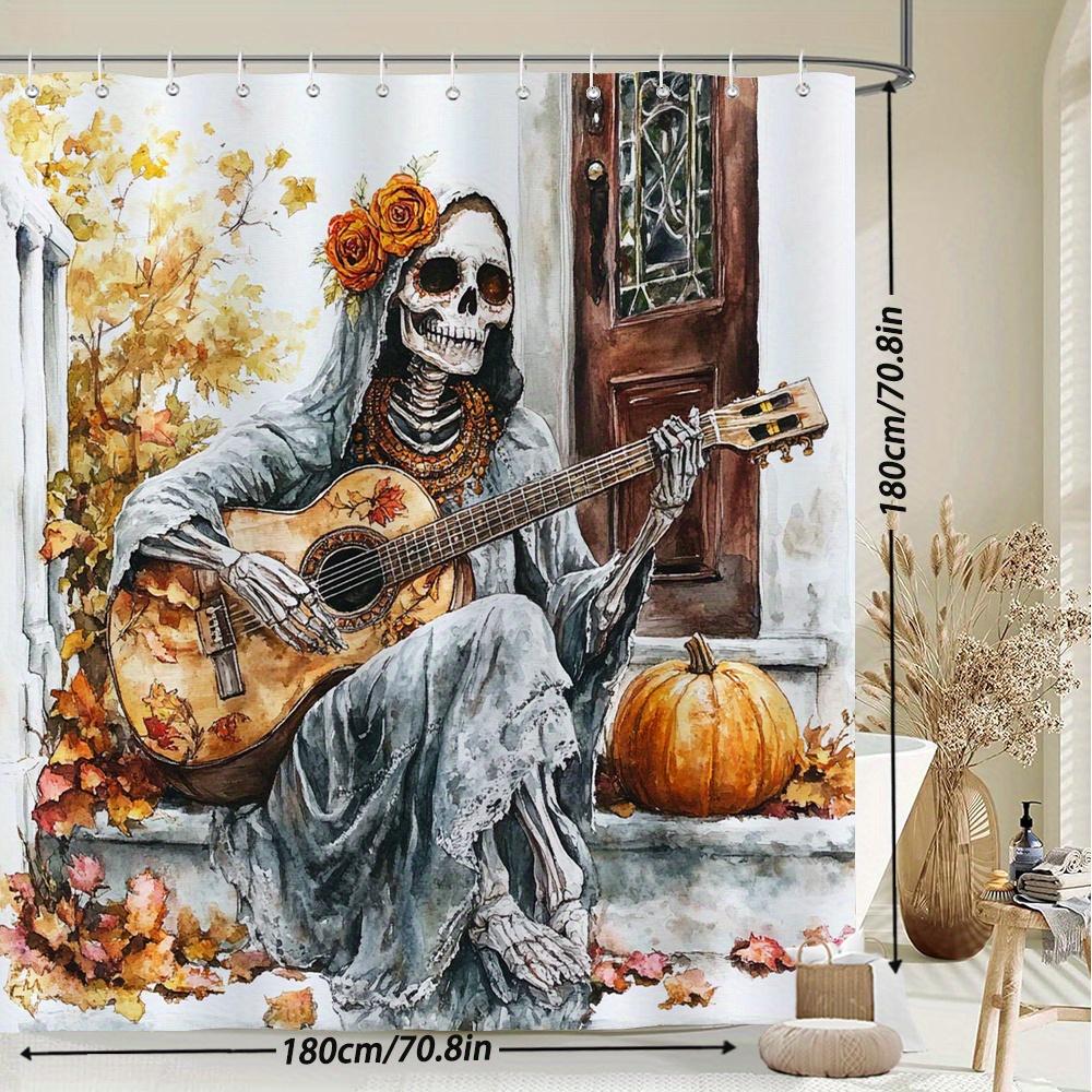 Spooky Skeleton Guitarist Waterproof Mildew-Resistant Shower Curtain - Halloween Design for a Haunted Bathroom Décor Experience
