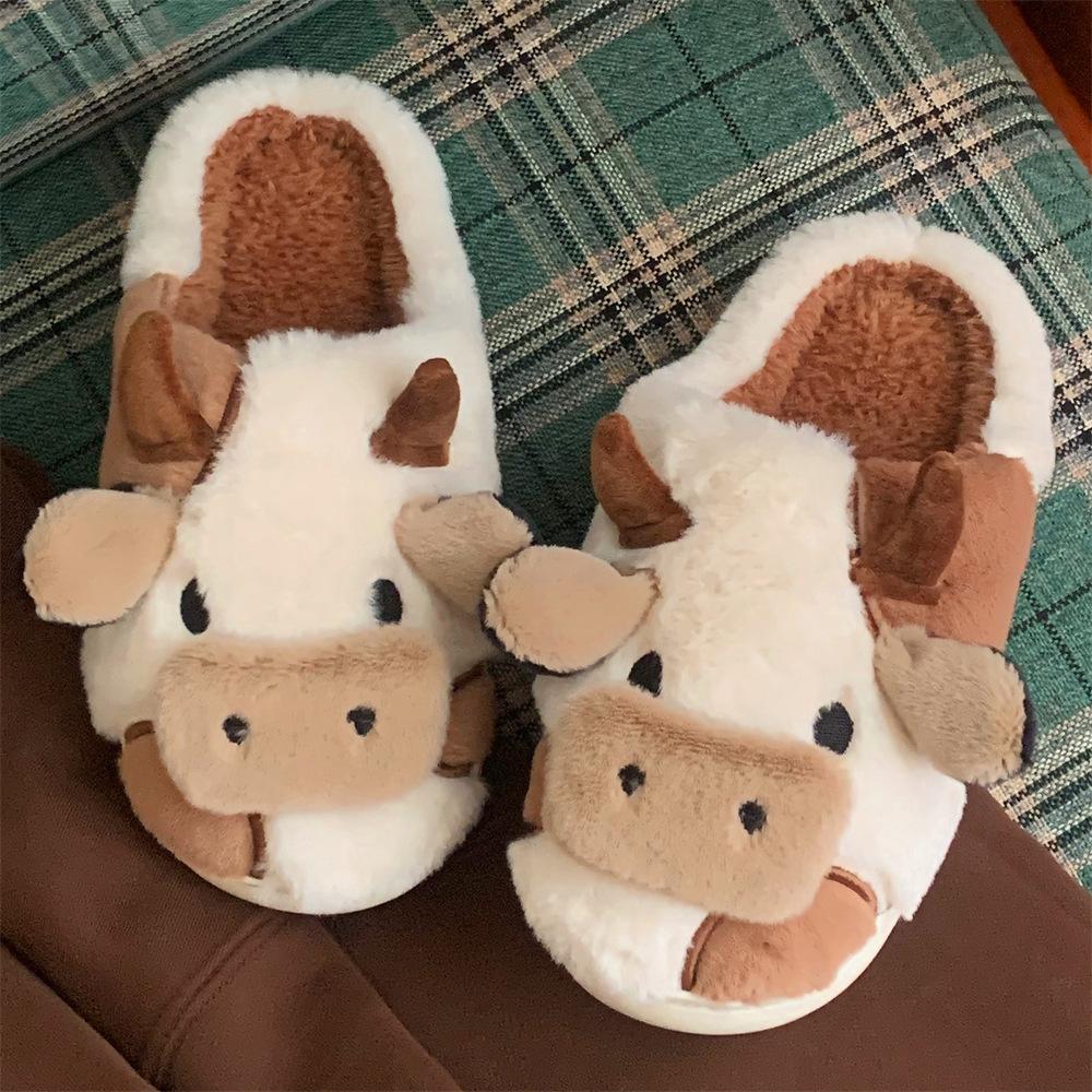Soft Cute Girly Cow Print Closed Toe Cotton Slippers Winter Fashion Women Home Warm Plush Maternity Shoes