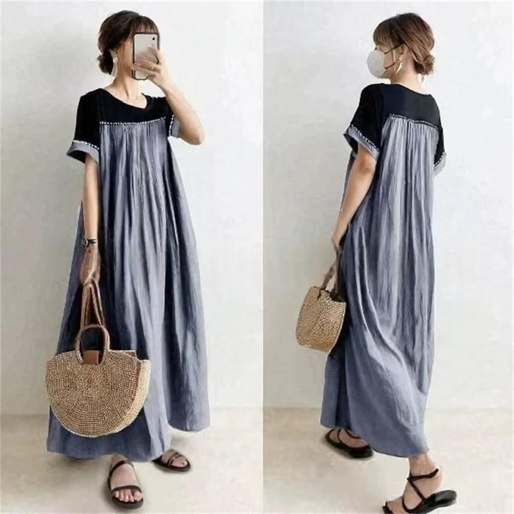 Donking Dress Summer Dress Summer Clothes Short Sleeve Long Length Color Matching Small Floral Print Slimming Casual Loose Fit Figure Covering Stylish