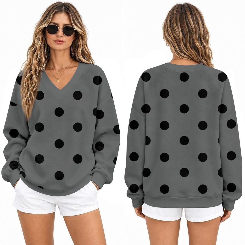Women's Loose Fit V-Neck Sweatshirt with Polka Dot Print Casual Pullover Top for Everyday Wear