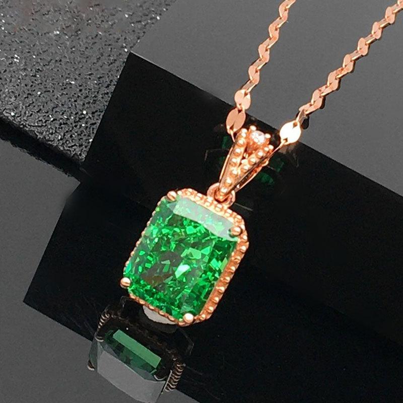 Exquisite Rose Gold-Plated Purple Gold Square Greenstone Pendant 585 Russian High-End Fashion Colored Gold Women'S Collarbone Chain