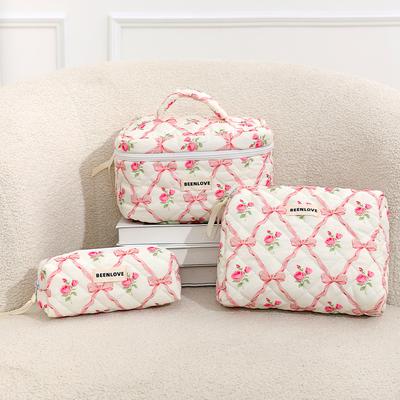 1pcs Cute Quilted Cotton Makeup Bag Women Zipper Cosmetic Organizer Soft Cloth Handbag Box Shape Portable Toiletry Case for Girls Beauty Bag