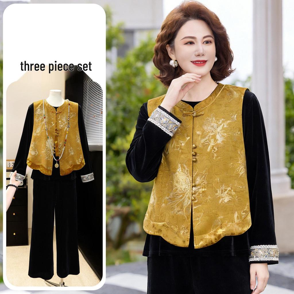 Elegant Spring Suit: New Chinese Style Vest & Gold Velvet Three-Piece for Middle-Aged and Elderly