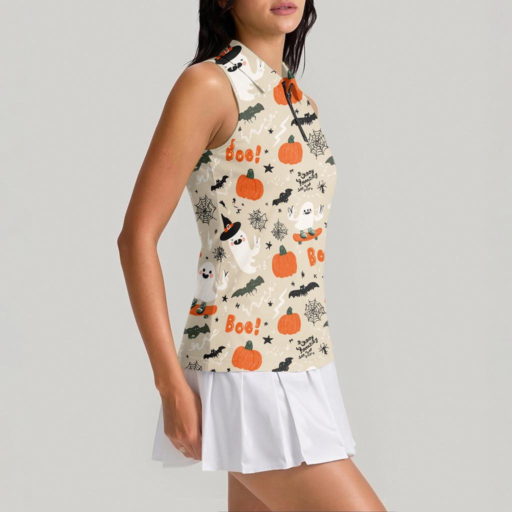 Women's Sleeveless Golf Shirt with Zipper and Halloween Print for Casual Sports Wear