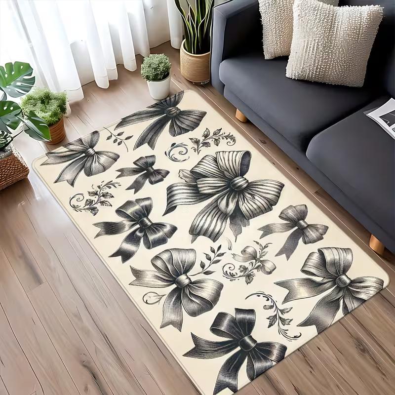 Elegant Black Bow Print Area Rug Soft Non-Slip Living Room Carpet Luxury Bowknot Ribbon Print Mat Indoor Home Decor Carpet