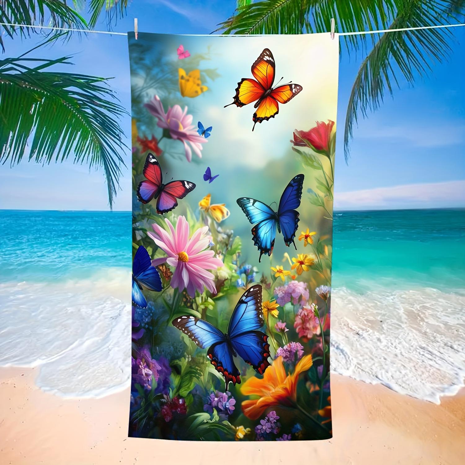 

Butterflies and Flowers Beach Towel, Romantic Botanical Art Quick-Dry Sand-Free Microfiber Bath Towels for Yoga, Swim and Travel W30*H60(CM)