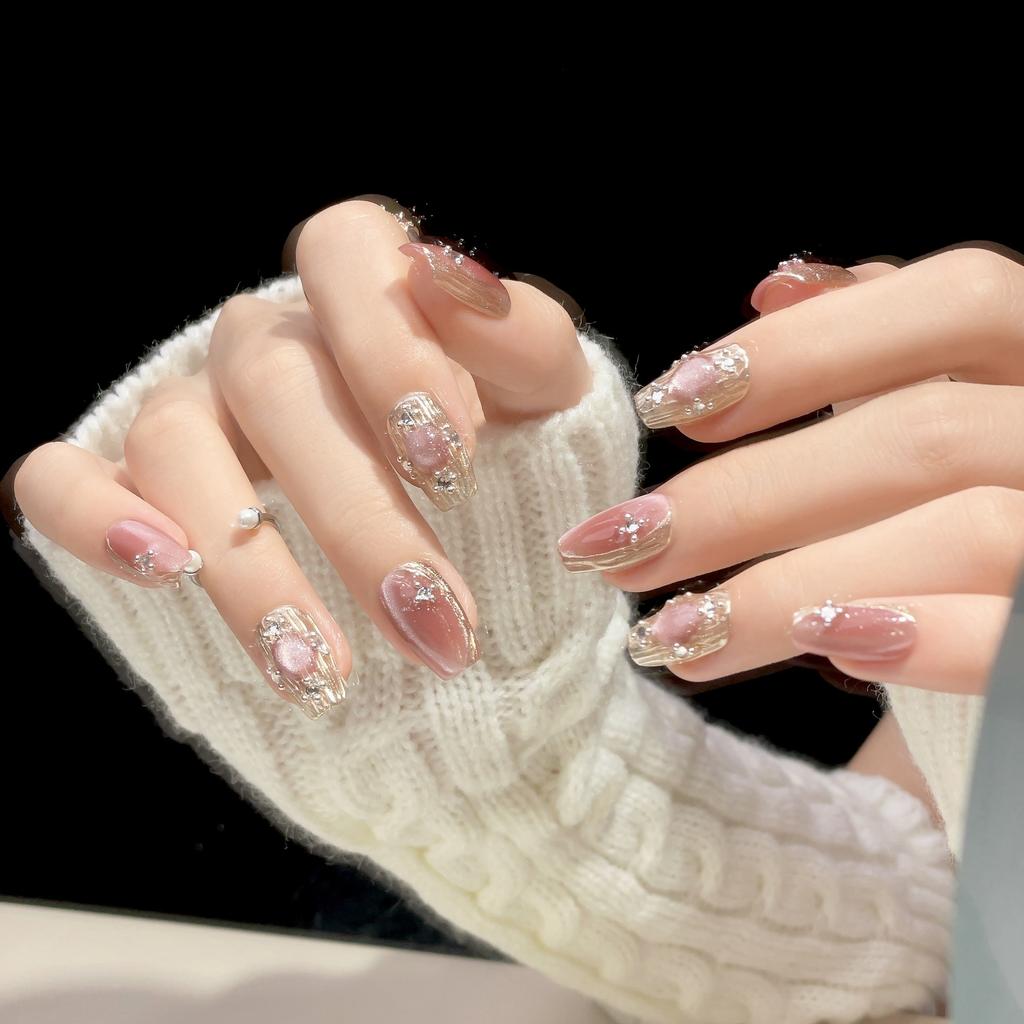 10pcs/set Handmade Wearable Nail Tips Pink Crystal Cat's Eye Flashing Nail Art