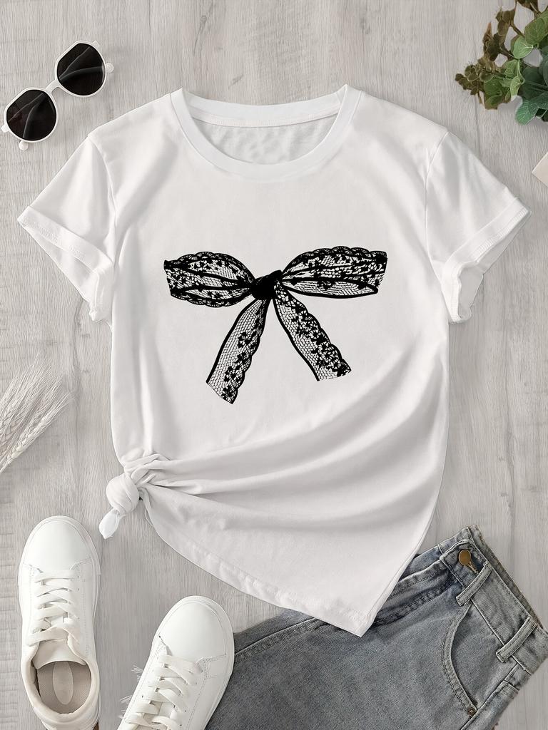 WomenS Casual TShirt with Lace Bow Print Short Harajuku Short Sleeve Casual Clothing Street Tops Tees Aesthetic Clothes