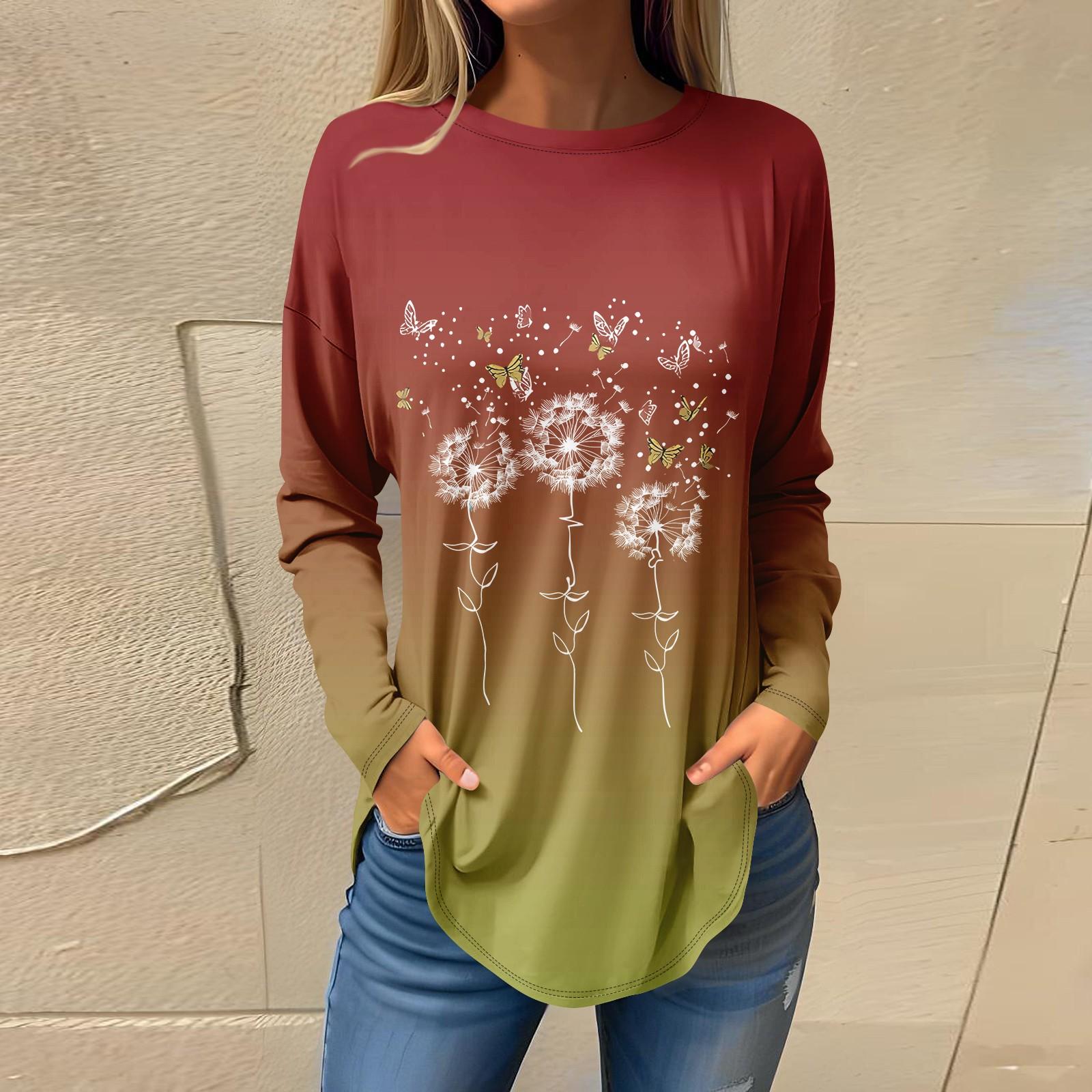 

Женская повседневная футболка с круглым вырезом и цветочным принтом, длинный рукав L