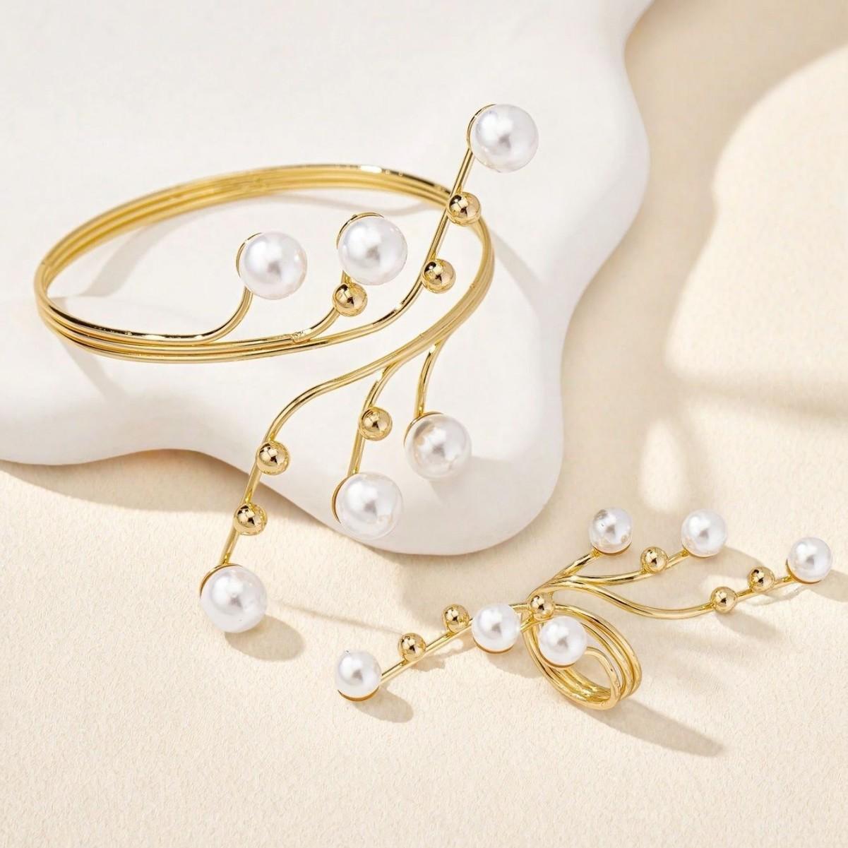 

Стильный и простой геометрический жемчужный браслет-кольцо с намоткой, личность, преувеличенная женщина белый