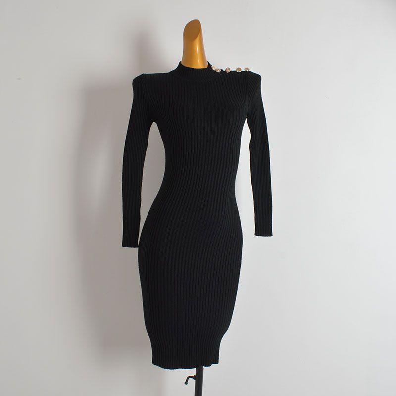 

New Arrival Minimalist Stand Collar Shoulder Strap Metal Buckle Long Sleeves Knitting Dress Women s Clothing Spring and Autumn Slim Fit Bodycon Dress Black All yards