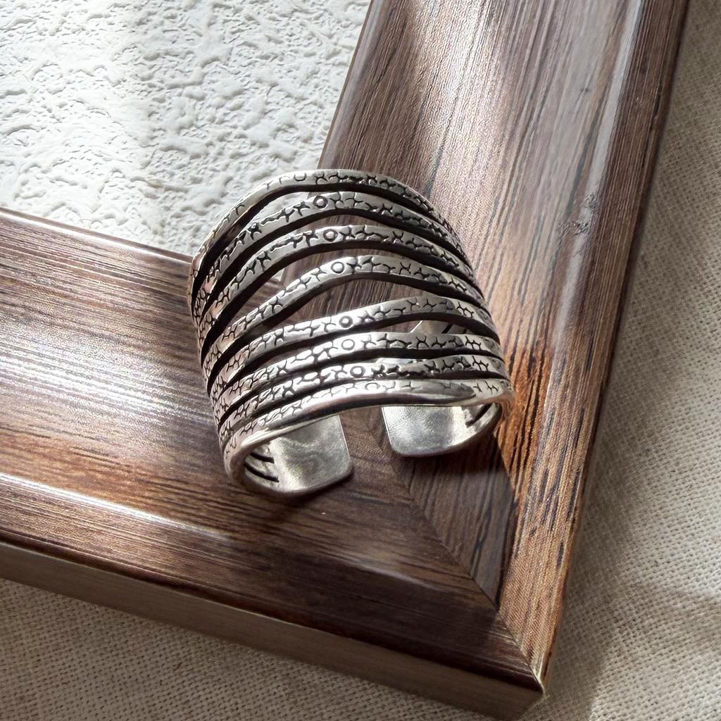 925 Sterling Silver Rings For Women Geometric Fine Jewelry Finger Adjustable Wide Interlines Ring For Party Birthday Gift