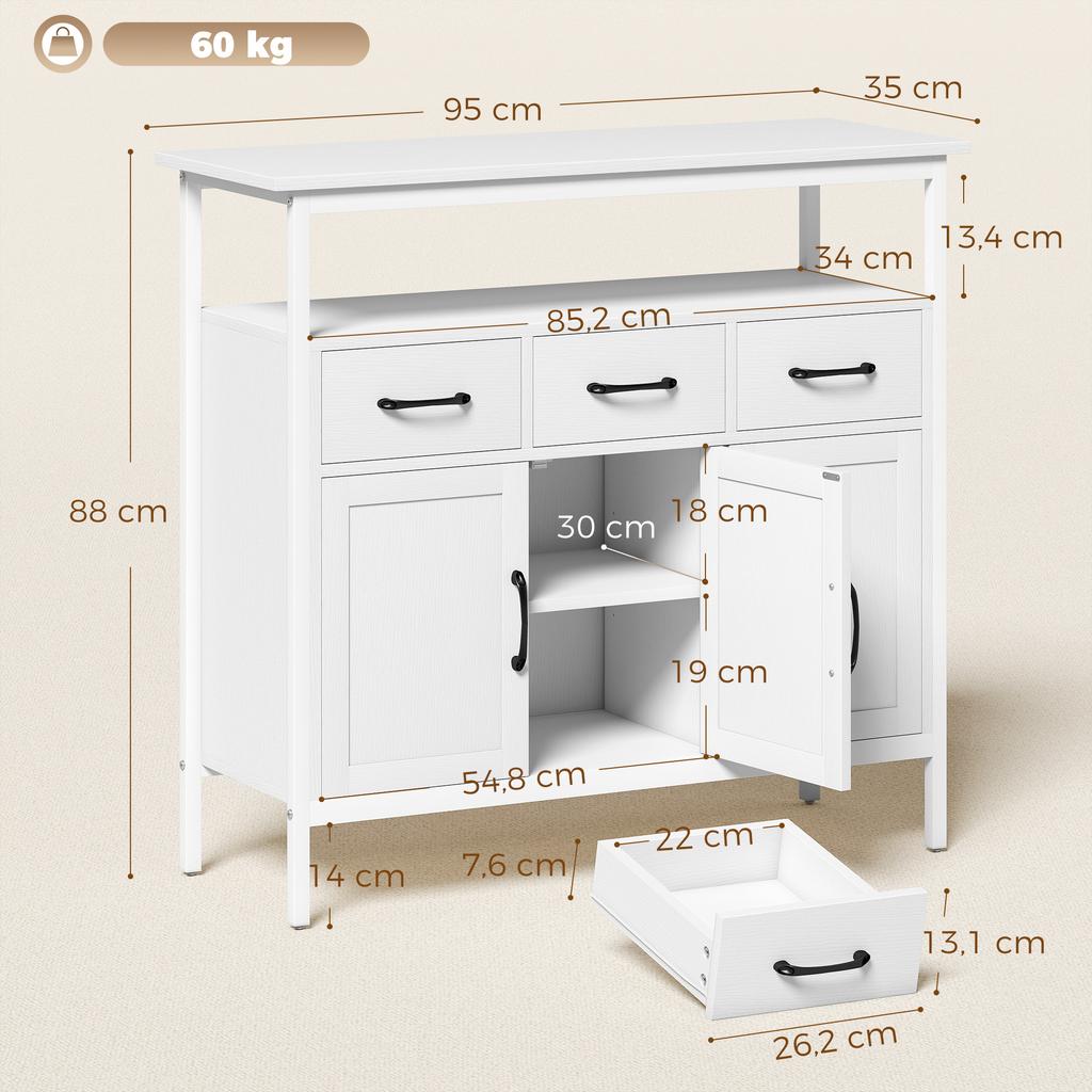 Komoda z regulowanymi półkami, Szafka bufetowa z 3 szufladami, 3 drzwiami, 95 cm, Biała