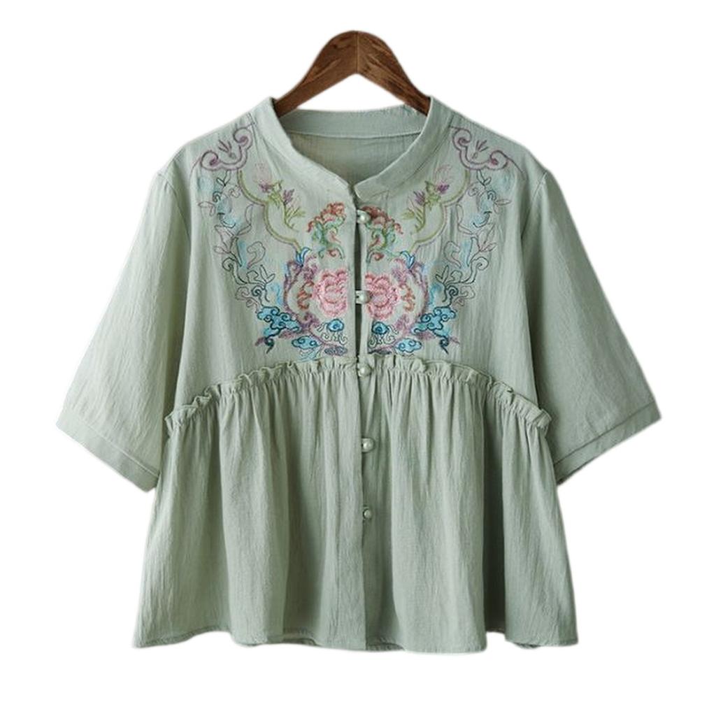 Women's Vintage Inspired Loose Fit Mid Sleeve Cotton Linen Blend Embroidered Button Front Cardigan