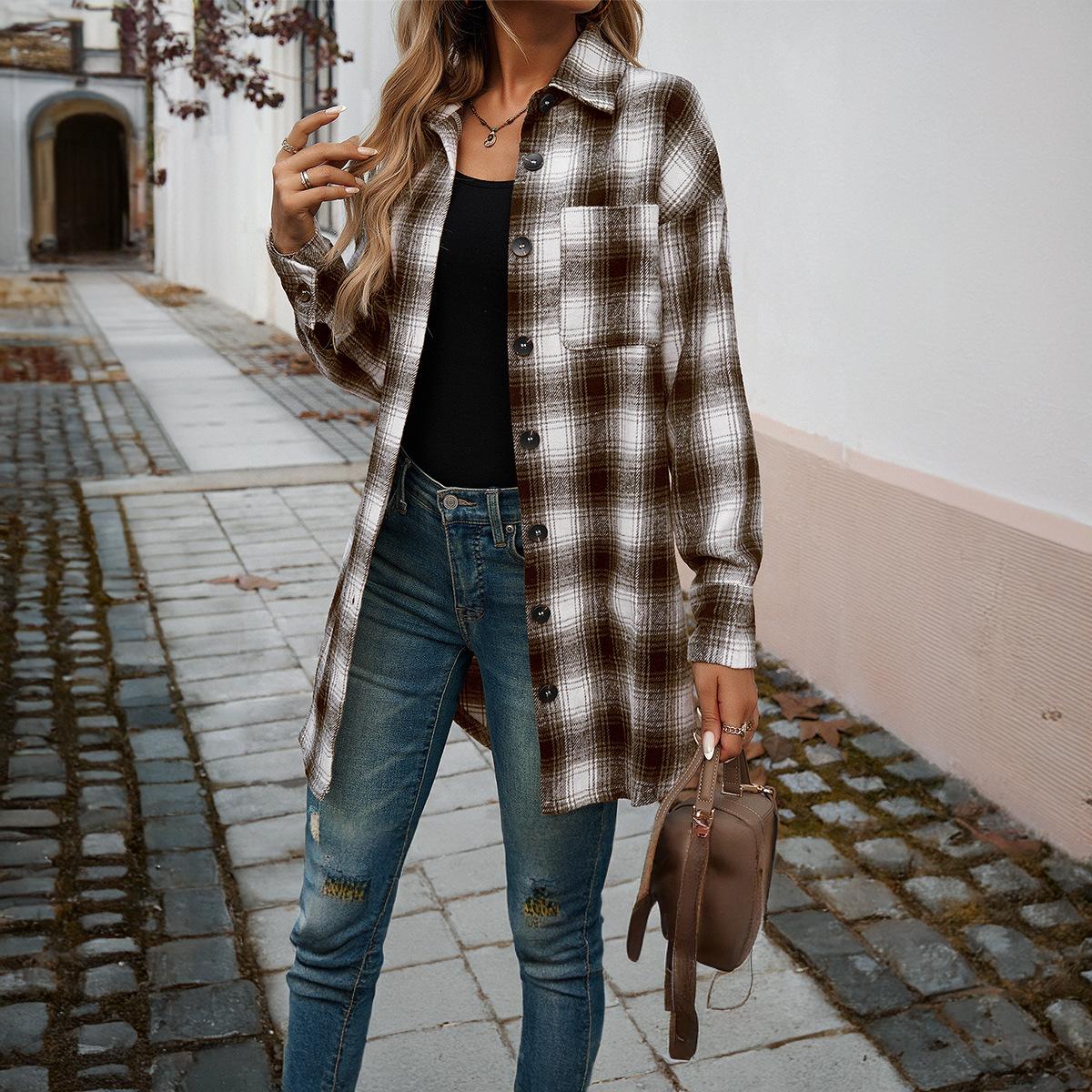 

Женская клетчатая рубашка с лацканами, длинные топы, повседневная куртка XL хаки