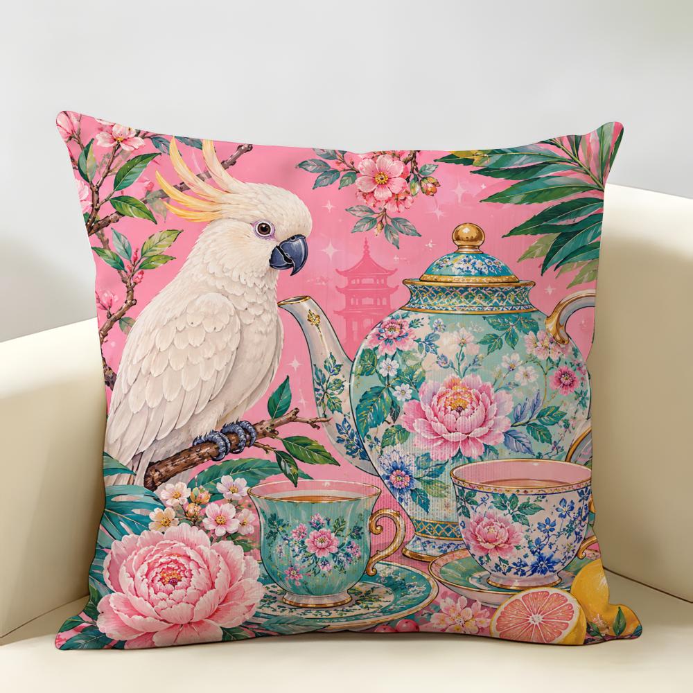 Chinoiserie Monkey Holding Blue Umbrell Cushion Cover Durable Hypoallergenic Organic Linen Pillow Cover Washable SkinFriendly