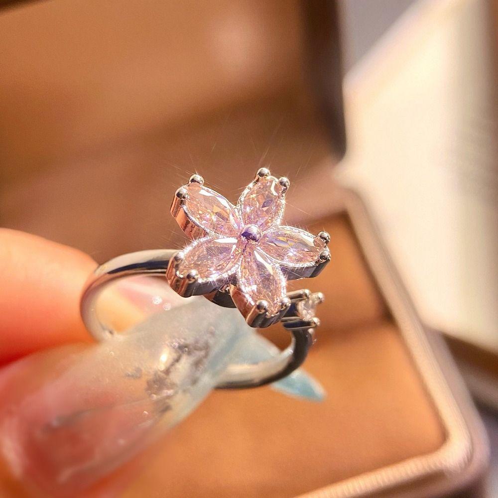 Female Ring Cherry Blossom Ring Rotating Design Pink Zircon Ring Floral Synthetic Ring Daily Wear
