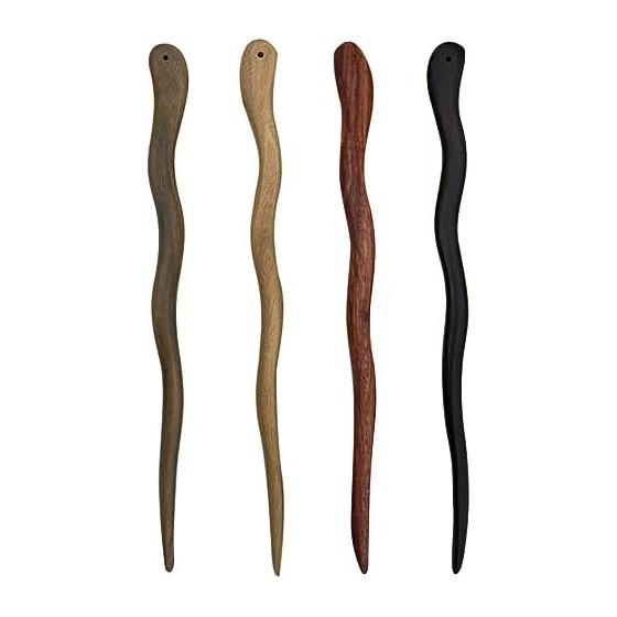 LALAFINA 4-Piece Wooden Hair Sticks, 6.7 Inch, Japanese Style Hair Accessories for Women, Yukata, Kimono, Hair Ornaments, Gift Idea, Natural Wood,