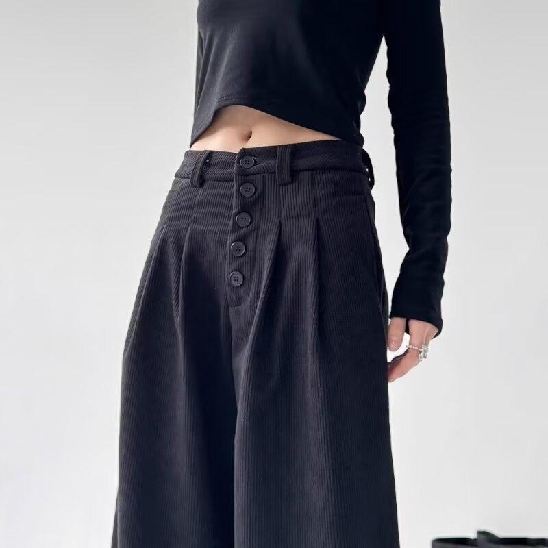 2024 Autumn/Winter Women's Corduroy Wide-Leg Pants - Single-Breasted Pleated Design, Slimming Fit
