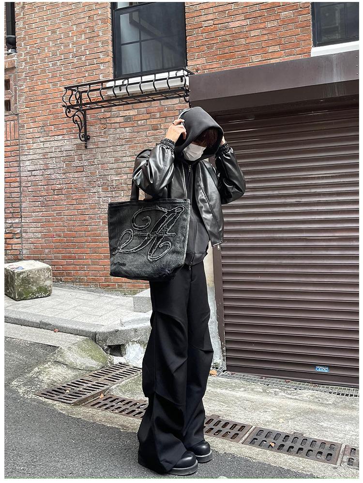 Men's Trendy Korean-Style Black PU Leather Padded Jacket with Zipper