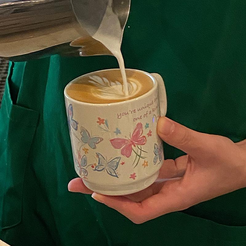 Homemade Atmosphere, Niche Childlike Fun, Spring And Summer Painted Lines, Butterfly Ceramic Cup, Coffee Cup, Water Cup 340M
