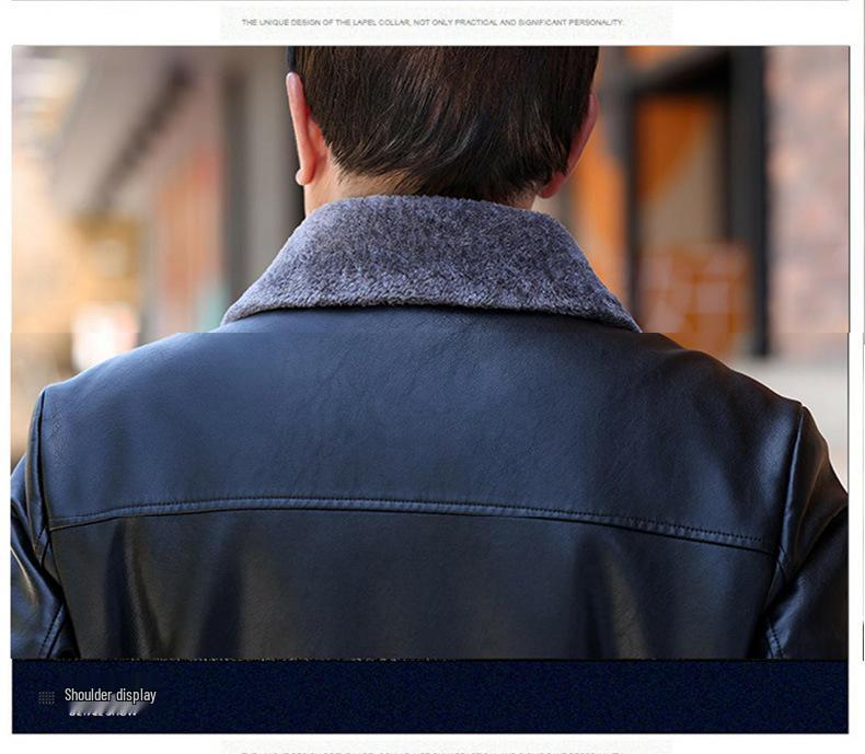 Men's 50+ Velvet-Lined Leather Jacket for Winter, Suitable for Middle-Aged & Elderly