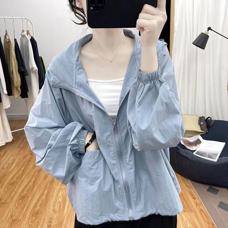Korean Thin Solid Color Female Hooded Sun Protection Tops Coat Summer Women Loose Fitting UV Protection Sun Protection Jacket