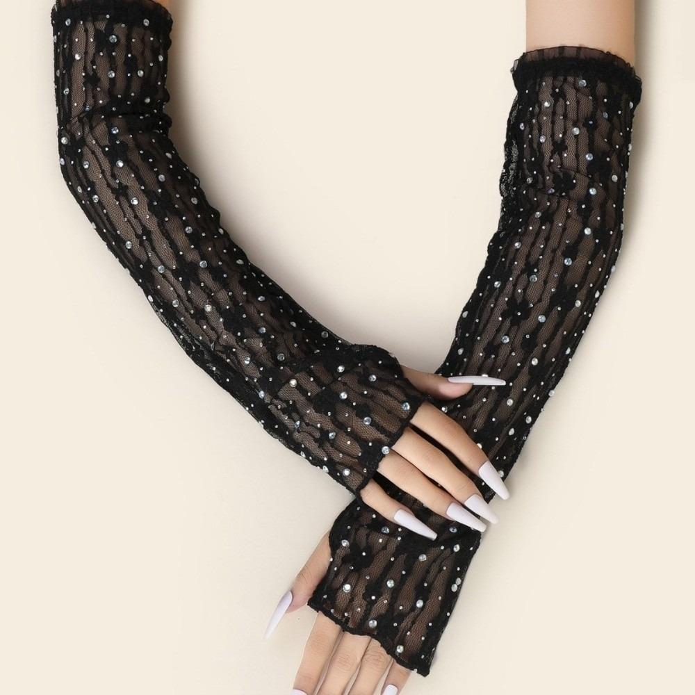 

1 Pair Retro Long Lace Gloves Glitter Hollow-out Rhinestone Gloves Elasticity Breathable Mesh Gloves for Women
