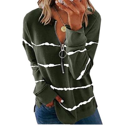 Popularny Pasiasty Rozpinany Dekolt w Serek Długi Rękaw Duży Rozmiar Luźny Damski T-shirt Bluza