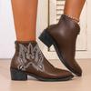 Womens Ankle Boots Retro Embroidery Short Boots Pointed Toe Leather Boots for Women Western Cowboy Boot Botas Para Mujer