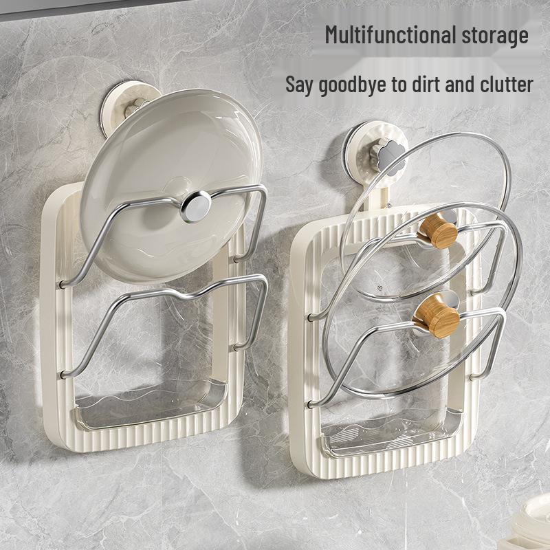 Warde Wall-Mounted Kitchen Storage: Suction Cup Pot Lid & Cutting Board Rack with Detachable Drip Tray.