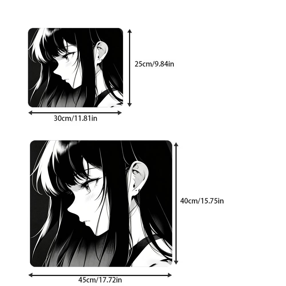 Black White Manga Anime Girl Square Mouse Pad Computer Office Game Table Mats Rubber Anti‑slip Mousepads Dark Decor Desk Pads