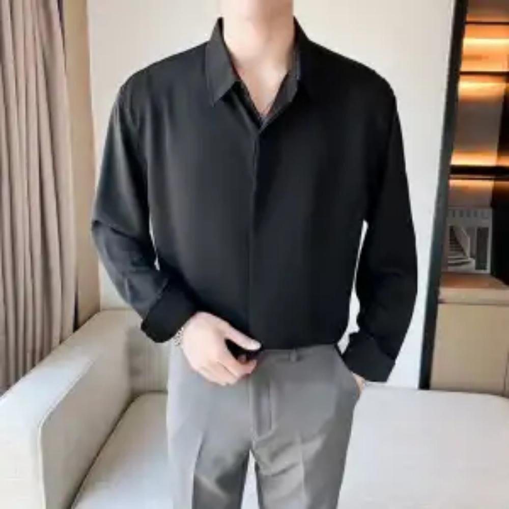 New Summer High End Handsome Fashion Cool Style Flip Collar Buckle Casual Loose Oversize Ice Silk Solid Color Shirt for Men