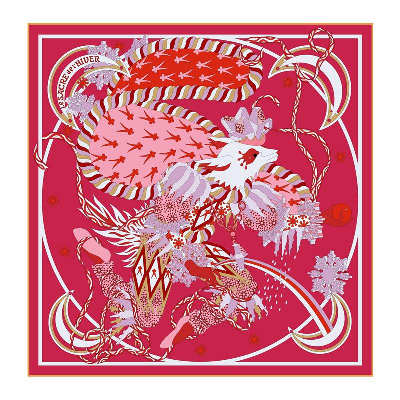 Silk Scarf Women Fox Dancing Print Square Scarves Head Echarpes Silk Foulards Femme Wraps Beach Shawls Bandana Lady Hijabs 90CM