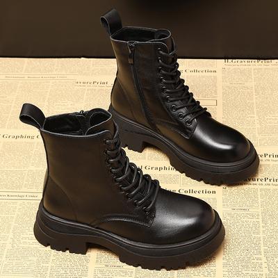 Bottes pour femme 2026 Nouvelles Tendances Britanniques Cuir Automne/Hiver Bottes Fond Épais Noir Bottes Courtes Début d'Automne