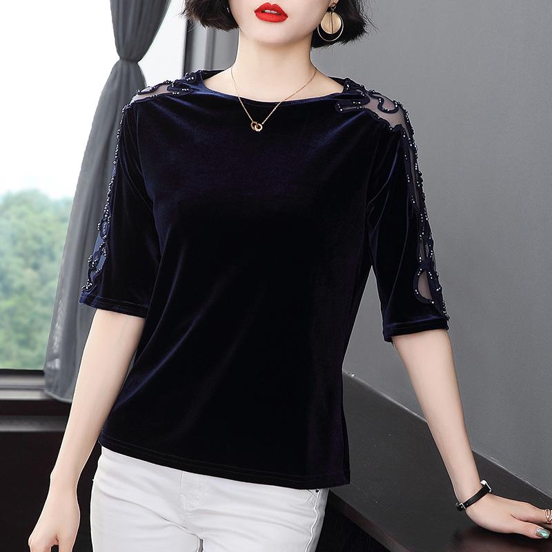 

Женский кружевной топ весна-осень 2023 г.: Стильная футболка с рукавами 5-титочечным кроем для женщин среднего возраста 4XL