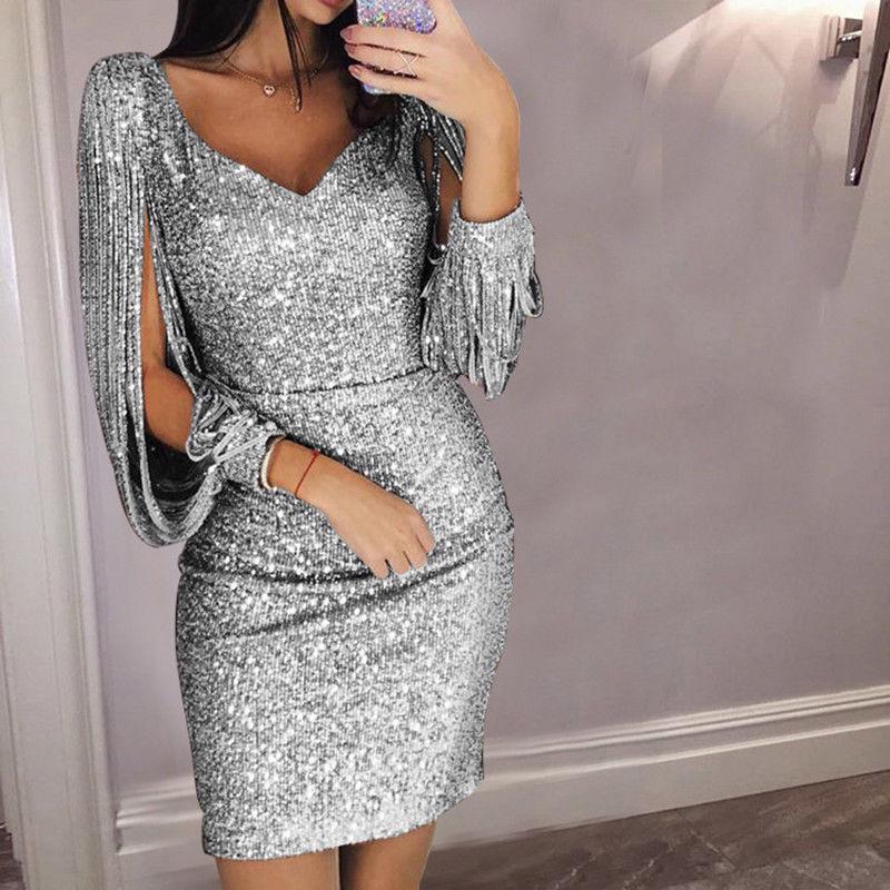 Ladies Elegant Sequins Sexy Vneck Mini Casual Cocktail Party Slim Stylish Dress