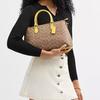 Coach Brown Signature Canvas Yellow Leather Trim Convertible Satchel Handbag for Daily Use