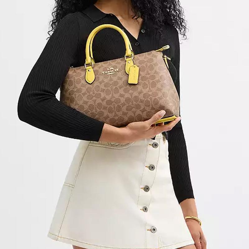 Coach Brown Signature Canvas Yellow Leather Trim Convertible Satchel Handbag for Daily Use