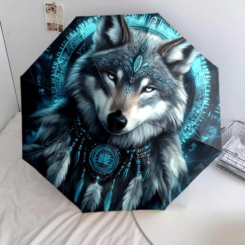 1 ks automatický skládací deštník - Krásný vzor vlka, Přenosný a skládací design s 8 žebry, Vánoční narozeninové dárky
