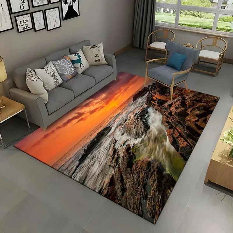 Vibrant Mountain Flower Field Sunset Pattern Rug Nature Inspired Living Room Decorative Carpet with a Burst of Colors
