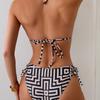 New European and American Popular Striped Printing Metal Accessories Sexy Bikini Triangle Halter Strap-up Swimsuit