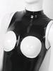 Catsuit en cuir verni brillant pour femmes, bonnets ouverts, body sans entrejambe, col montant, sans manches, slim, Clubwear