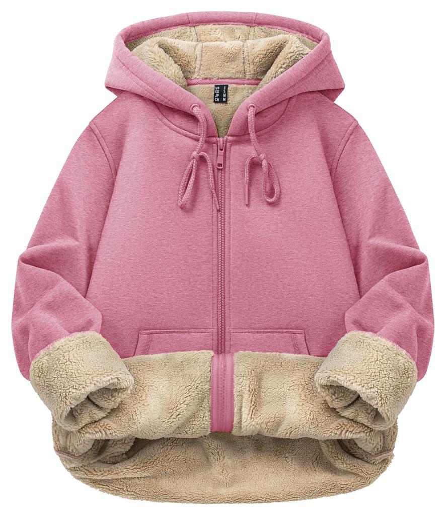 Mikina na zimu žebrovaná 2XL [TACVASEN] Dámská, na zip, ležérní, fleecová, silná, nošení, manžety, teplá, měkká, volná, sportovní oblečení, běh, růžová,