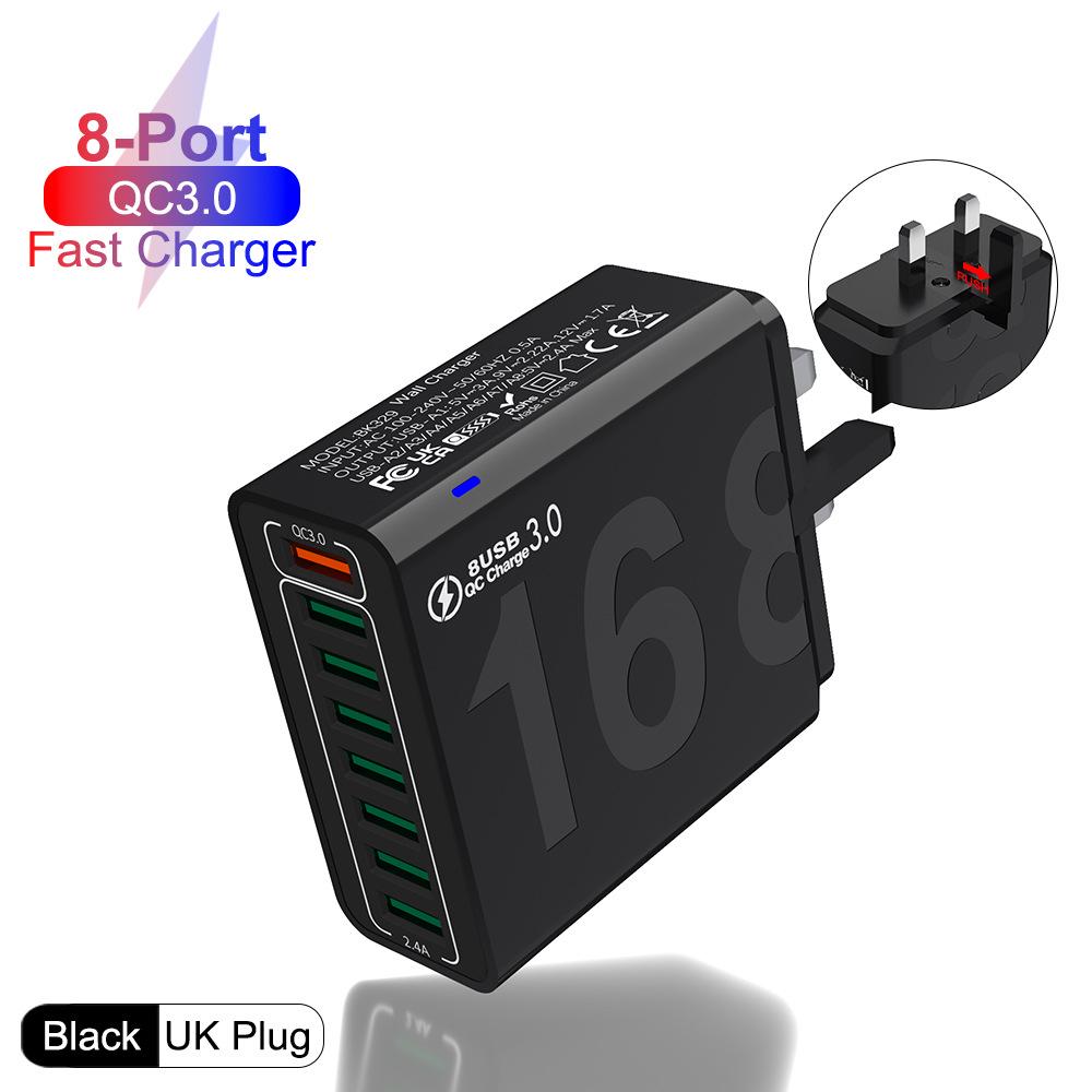 8-Port QC3.0 Fast Charging Travel Charger for Europe, America & Korea - Mobile Phone Charger